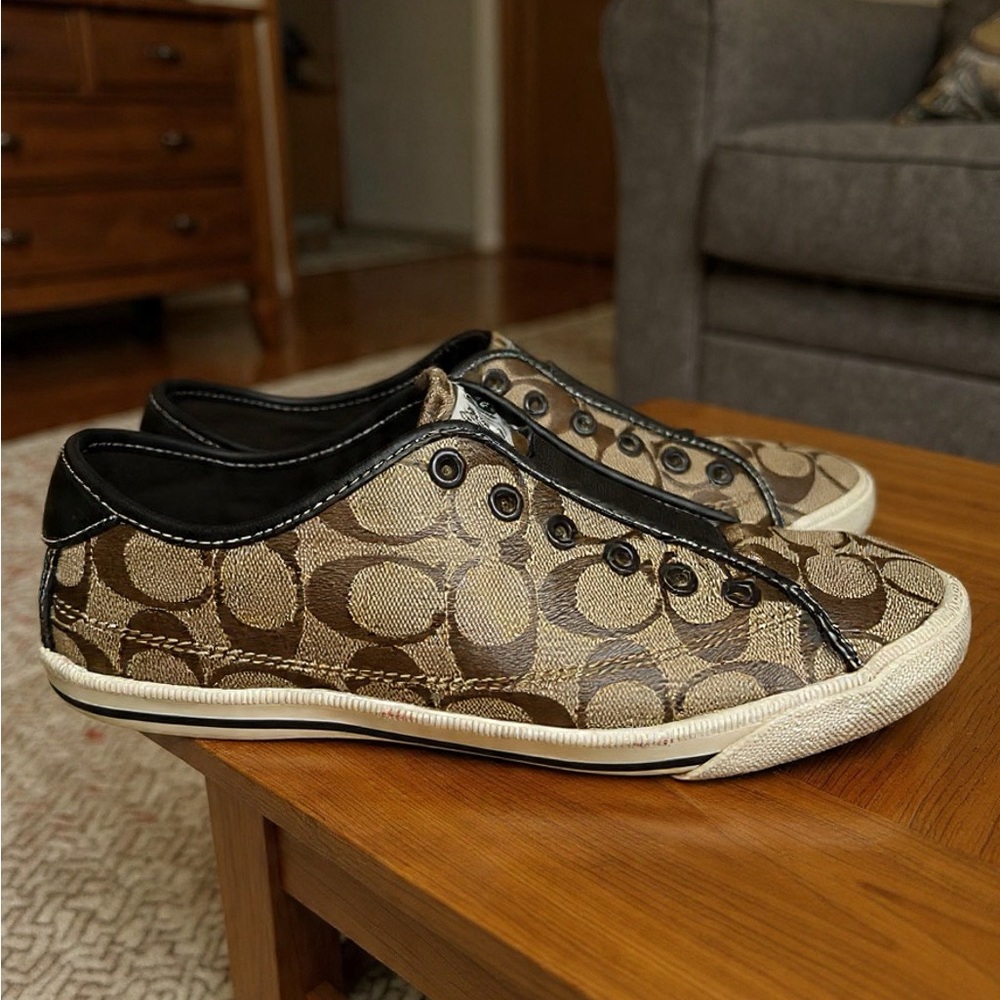 Coach Beige and Brown Patterned Slip-On Shoes